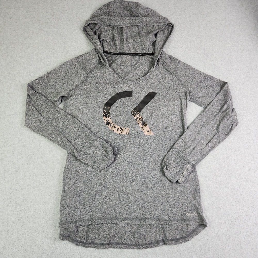 Calvin Klein Hooded Top Womens M Gray Heather Performance Thumbhole Activewear‎